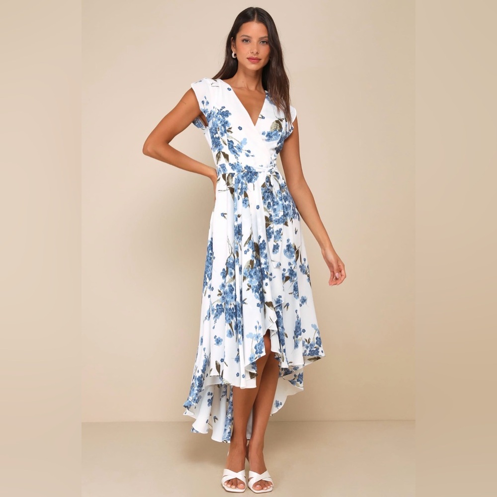 Lulus White and Blue Floral Wrap Dress high low